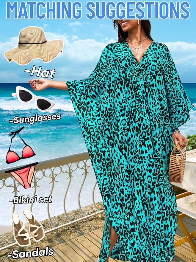 ChiaoLezhee Print Moo-Moos for Women, Kaftan Cover-Up Dresses, Sexy V-Neck High-Slit, Beach Pool-Party Coverups Muumuu Plus