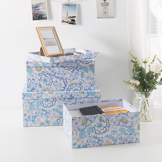 Soul & Lane - Sky Meadow Decorative Storage Boxes with Lids, Set of 3 | Floral Paperboard Nesting Containers for Keepsakes, Memories and Photos, Large Gift Set Boxes for Presents and Decor