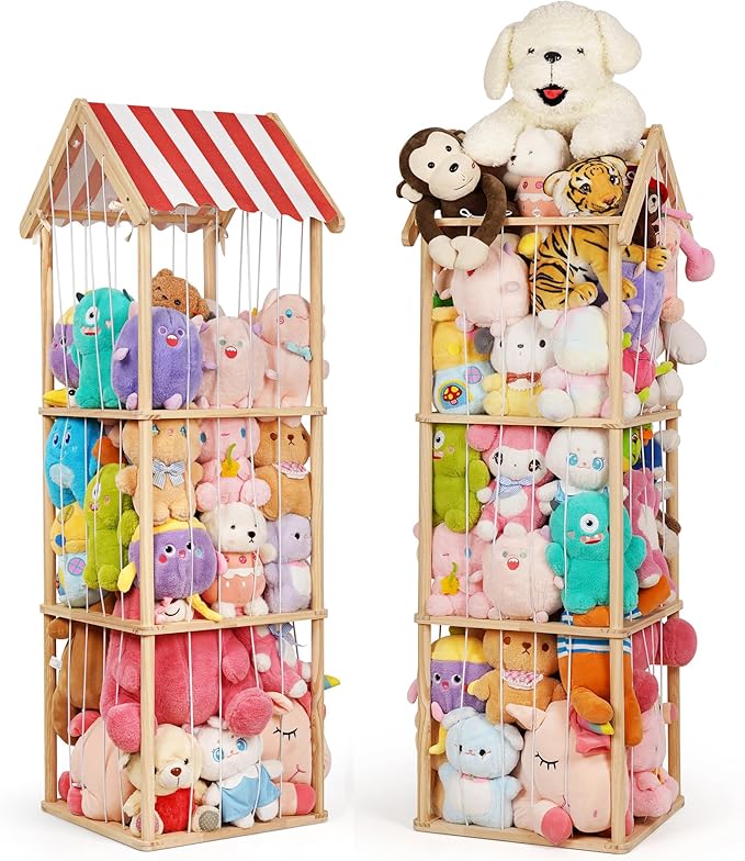 Stuffed Animal Storage, Space Saving Vertical Stuffed Animal Holder Wood, Easy Assembly Cottage-Style Plush Toys Organizer for Kids Bedroom & Playroom (Wood)