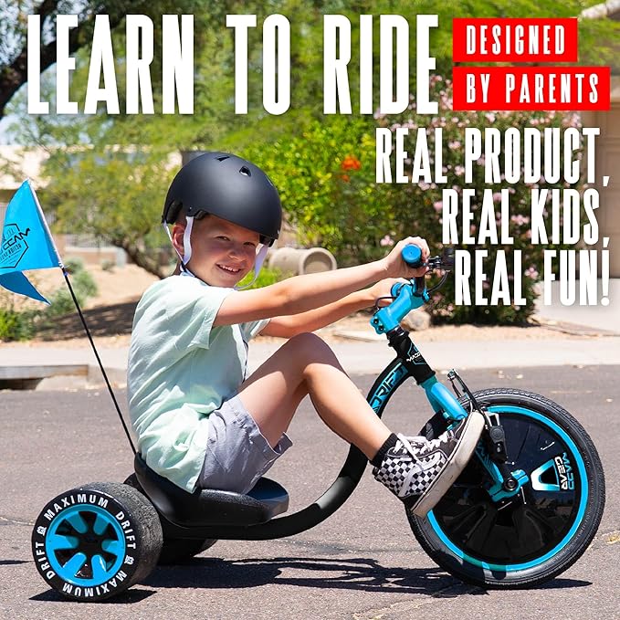 Drift Trike for Kids Ages 5+ – 16" Front Wheel Ride-On with Adjustable Seat, Steel Frame, Rear Slick Drift Wheels & Safety Flag – Madd Gear - (Black Blue)