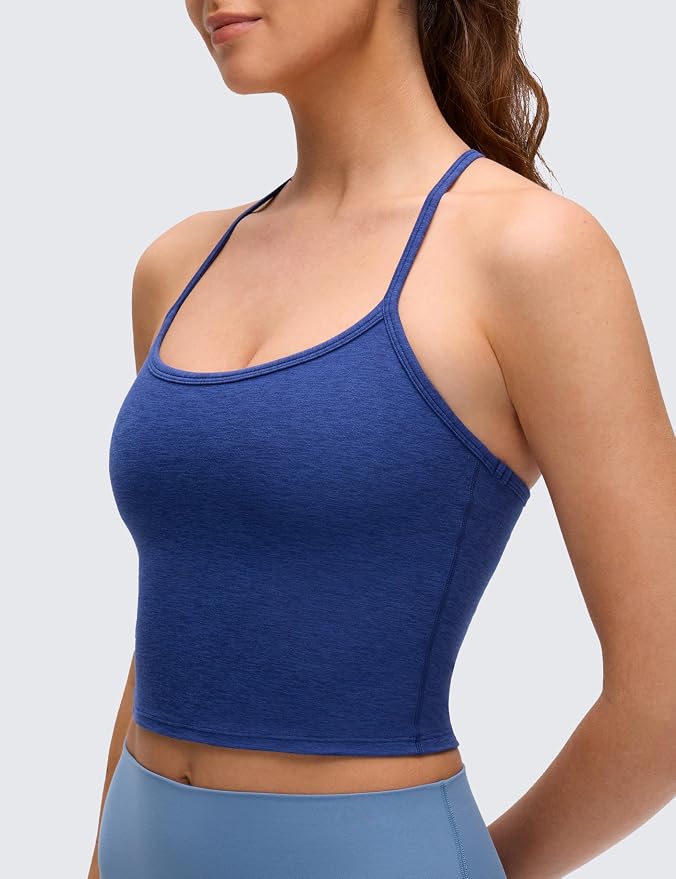 CRZ YOGA Cut-Out Y Back Crop Tank Tops for Women - Scoop Neck Spaghetti Strap Racerback Yoga Longline Sports Bra Non Padded