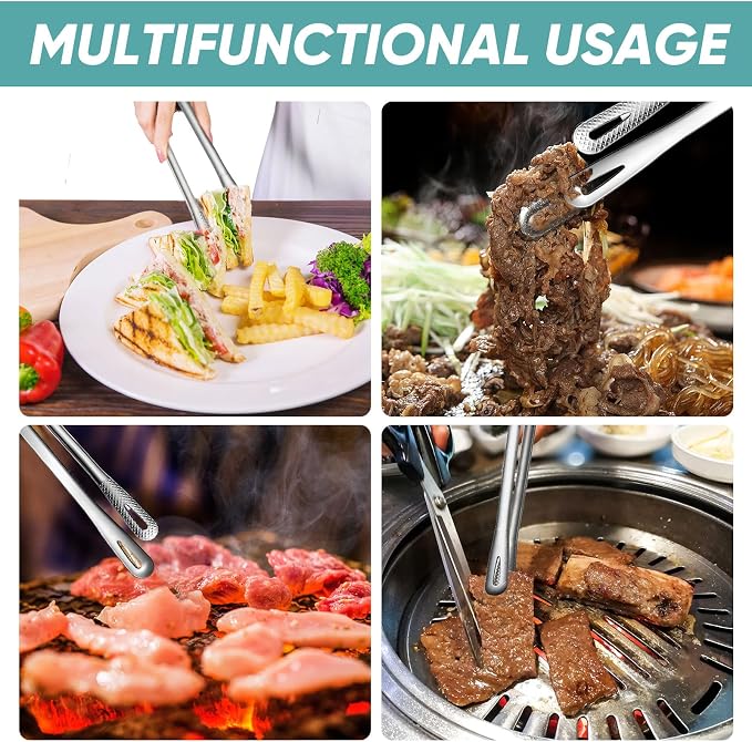 meekoo 6 Pcs 7.8 Inches Stainless Steel Korean BBQ Grill Tongs Japanese Barbecue Tongs for Cooking Portable Kitchenware Home Outdoor Steak Salad Food