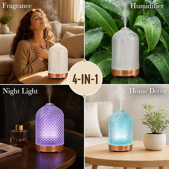 Essential Oil Diffuser for Home- 200ml Aromatherapy Diffuser for Essential Oils with 4 Timer, 7 Color LED Lights Waterless Auto Shut-Off for Home Office Décor Gifts for Women