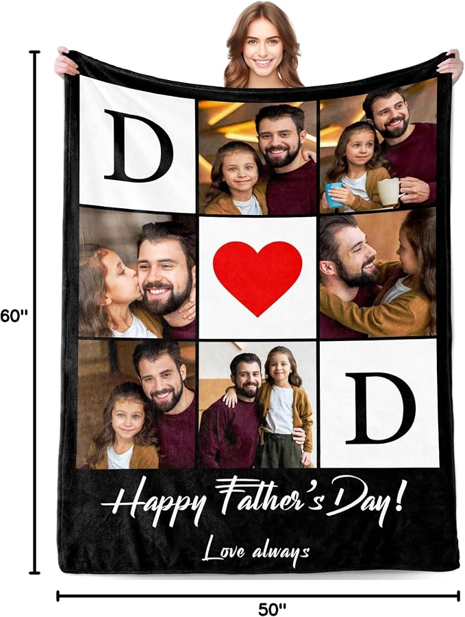 Funny DIY Personalized for Dad Husband Grandpa from Daughter Son Kids Wife Customized Father's Day Blanket Custom Photo Blanket with Pictures Text Best Dad Ever Ideas Birthday Gifts