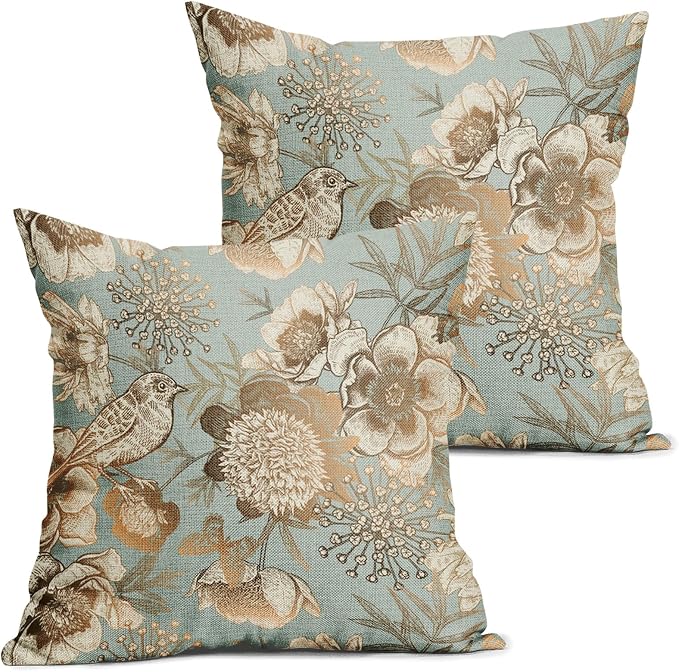 Vintage Floral Pillow Covers 20X20 Inch Set of 2 Rose Gold Flowers Bird Butterfly Decorative Pillow Cases Blue Brown Cotton Linen Cushion Case Farmhouse Home Decor for Sofa Couch Living Room