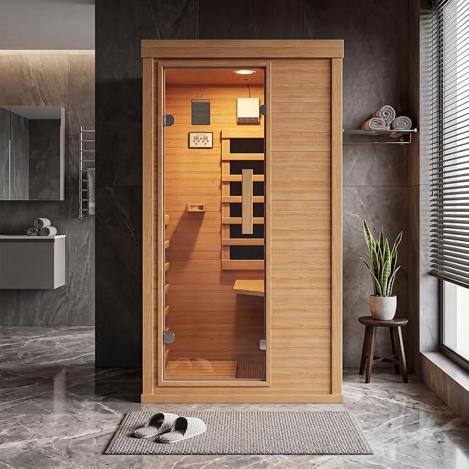 Wood Infrared Home Sauna Room, 1 Person Traditional Indoor Saunas, Canadian Hemlock Dry Sauna Spa for Low EMF with Tempered Glass Door, Bluetooth Speakers and Control Panel, 32.6 x 27.5 x 59.5 Inch
