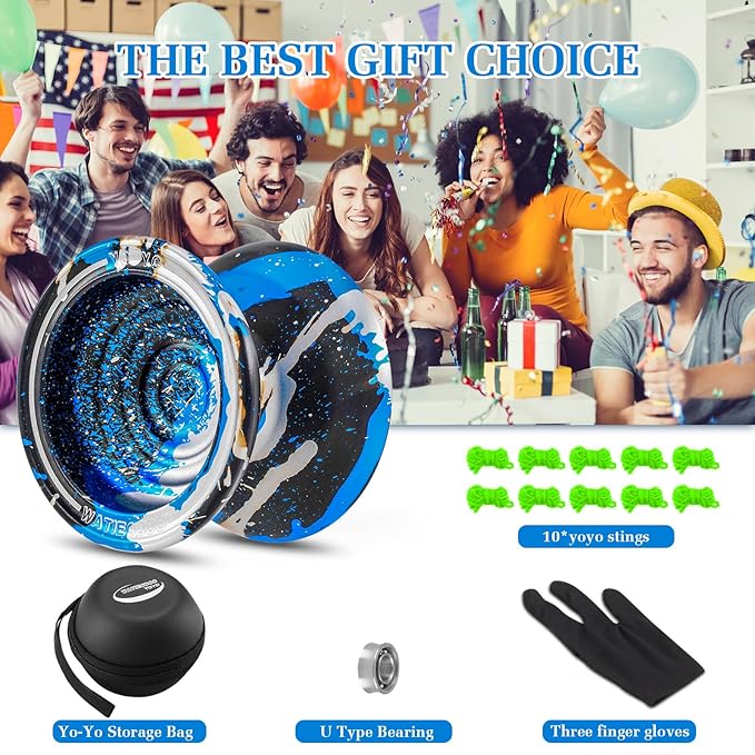 WATIEOBOO Responsive Metal Yoyo Professional yoyo,Professional Unresponsive Yo yo for Adults Pro Metal Trick Yo-yo with Yo Yos Bearing Kit 10 Strings, Case & Gloves - Black Blue Silver