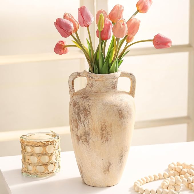 Ceramic Flower Vase, 11.41 Inch Tall Farmhouse Vase with Handles | Terracotta Rustic Vase Adds Farmhouse Charm to Living Room, Entryway,Shelf,Table Decor, Perfect for Wedding and Home Gifts