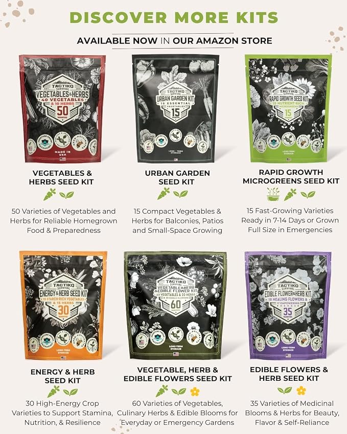 Tactiko Survival 40 Medicinal & Tea Herb Seeds Variety Pack, Indoor & Outdoor Herbal Garden Kit, USA Grown Heirloom Non-GMO, Herbal Seeds for Teas, Resealable Mylar Bag for Long-Term Storage