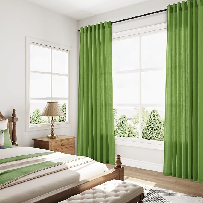 Lime Green Linen Curtains 72 Inch Long for Living Room Bedroom Lightweight Door Drapes 2 Panels Set, Semi Sheer Light Filtering Back Tab or Rod Pocket Curtain,52x72