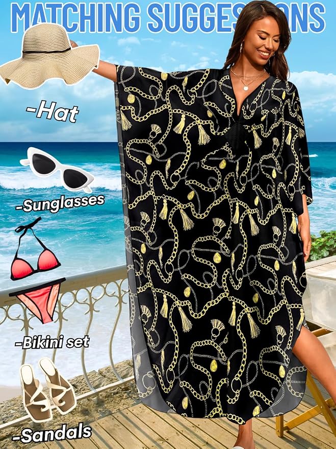 ChiaoLezhee Print Moo-Moos for Women, Kaftan Cover-Up Dresses, Sexy V-Neck High-Slit, Beach Pool-Party Coverups Muumuu Plus