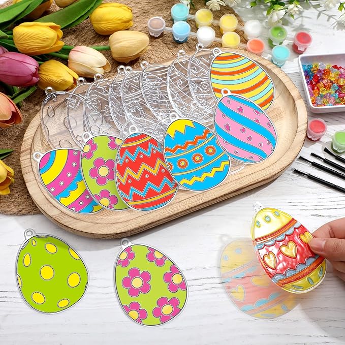 30 Sets Easter Suncatchers Window Art Kits, DIY Sun Catchers Bulk Crafts Paint Your Own Window Egg Spring Ornaments for Boys Girls Classroom Easter Day Home Party Birthday Activity Decor
