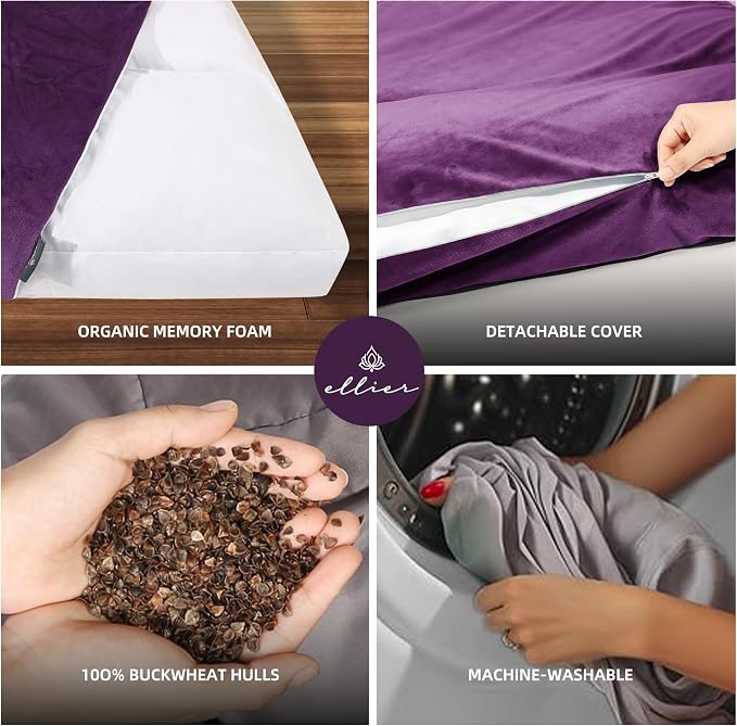 ellier Zafu & Zabuton Meditation Cushion Set - Buckwheat Hull & Memory Foam Pillows, Ergonomic Support for Yoga, Mindfulness - Organic Velvet Cover, Large Size, Purple