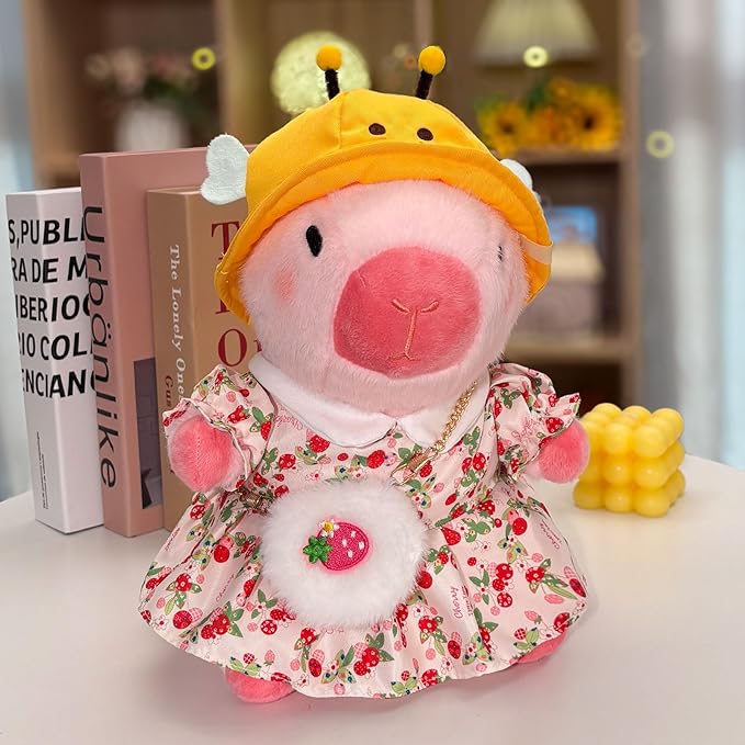 Capybara Plush with 9 pcs Clothes & Accessories, 10.2 in Cute Capybara Stuffed Animal Plush Toys, Dress Up Cute Plushies for Girls/Boys (Pink Yellow)