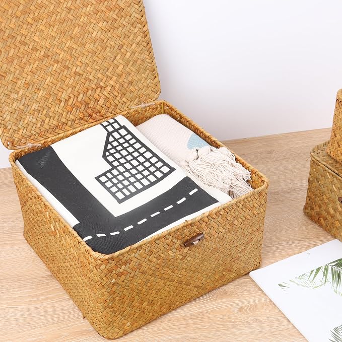 Moosky Wicker Shelf Baskets with Lid, Handwoven Seagrass Storage Basket Bins Square Gift Boxes for Shelves Home Decor Organizer (Natural, Small)
