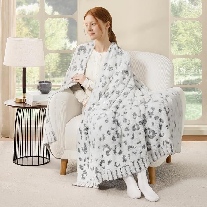 Snuggle Sac Leopard Luxury Faux Fur Throw Blanket for Couch,Ultra Soft Cozy Plush Fluffy Blanket for Sofa Bedroom Living Room,Grey Leopard,50x60 inches