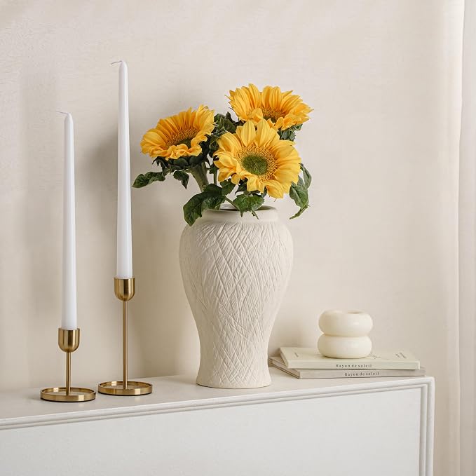10in Tall Ceramic Flower Vase, Modern Decorative Textured Vases Home Decor | Unique Rustic Farmhouse Terracotta Vases for Bedroom Living Room Table Centerpieces Shelf Cabinet Wedding Decorations