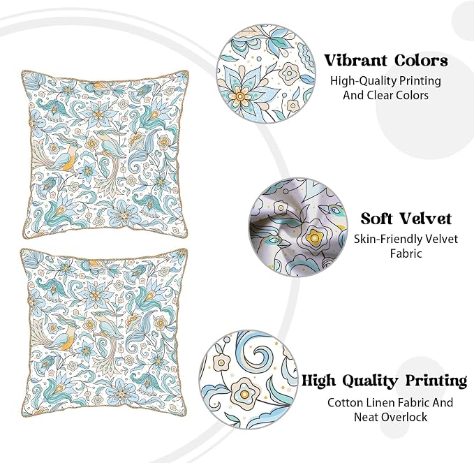 KSLIDS Vintage Floral Soft Velvet Throw Pillow Covers Set of 2 Blue Yellow Flower Birds Decorative Pillow Covers 16x16 Inch Chinoiserie Country Pillow Case for Sofa Couch Bedroom Farmhouse Home Decor
