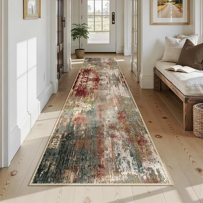 RELEANY Washable Runner 2'6"x12' Abstract Area Rug for Hallway Rustic Brown | carpet for kitchen, entryway, bathroom, living room, bedroom, printed pattern, non-slip, soft, stain-resistant, easy to clean