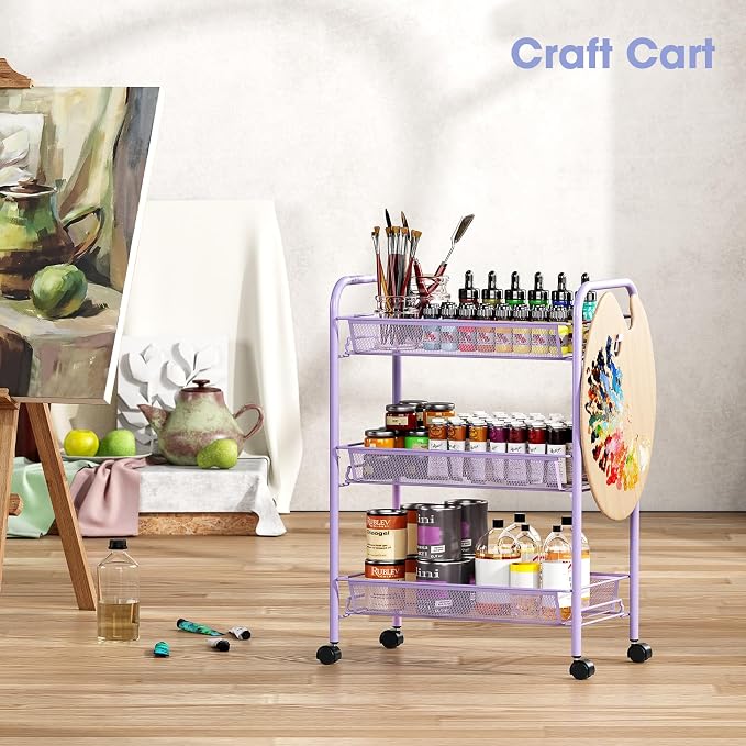 TOOLF 3 Tier Rolling Cart, Metal Utility Storage Cart with Wheels, Purple | 3 Hooks, Screwless Assembly, Trolley Organizer for Bathroom, Kitchen, Office, Nursery, Dorm, Laundry Room