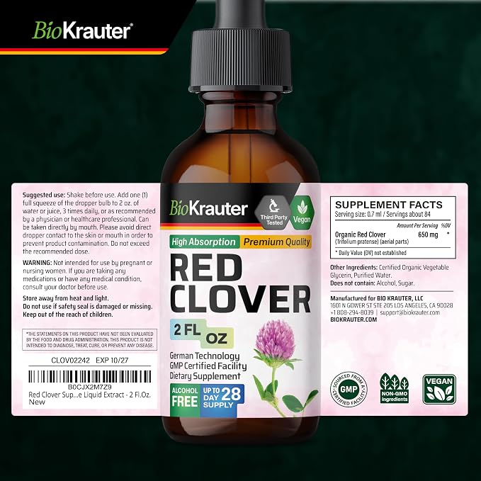 BIO KRAUTER® Perimenopause & Menopause Supplements for Women* - Red Clover Supplement 2 Fl.Oz 28-Day Supply - Vegan Red Clover Extract for Menopause Support & Women's Wellness - Alcohol & Sugar Free