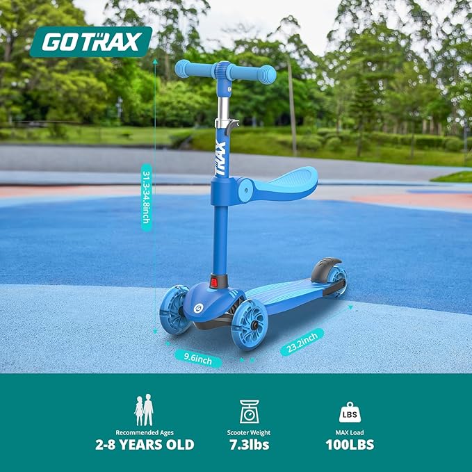 Gotrax KS3 Kids Kick Scooter, LED Lighted Wheels, Adjustable Height Handlebars and Removable Seat, Lean-to-Steer & Widen Anti-Slip Deck, 3 Wheel Scooter for Kids Ages 2-8 and up to 110 Lbs