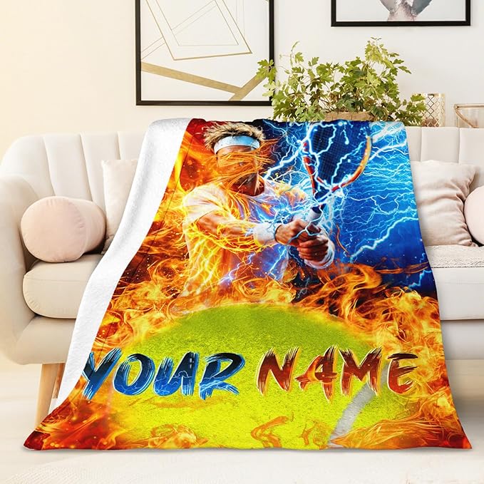 Blanket for Boys Personalized Tennis Throw Blankets Gift for Kids Teens, 40”x50” Soft Warm All Season Custom Sport Throw for Sofa Couch Bed Home Decor