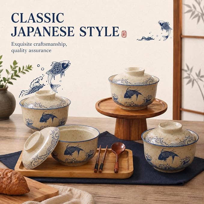 LemonRoad 4 Pack 25oz Japanese Dinnerware Set Ceramic Ramen Bowl with Lid Microwavable with Chopsticks and Spoon Korean Soup Bowl Clay Pot for Noodle Rice Porridge(Fish)