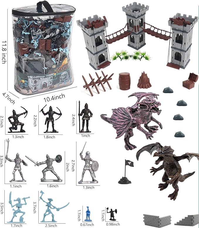 Medieval Castle Knight Toy Soldier Figures Army Men Toys, The Medieval Times Middle Ages DIY Castle Building Toy Piracy Knight Action Figurines with Storage Bag,2 Dragons, 2 Bridges, 1 Map
