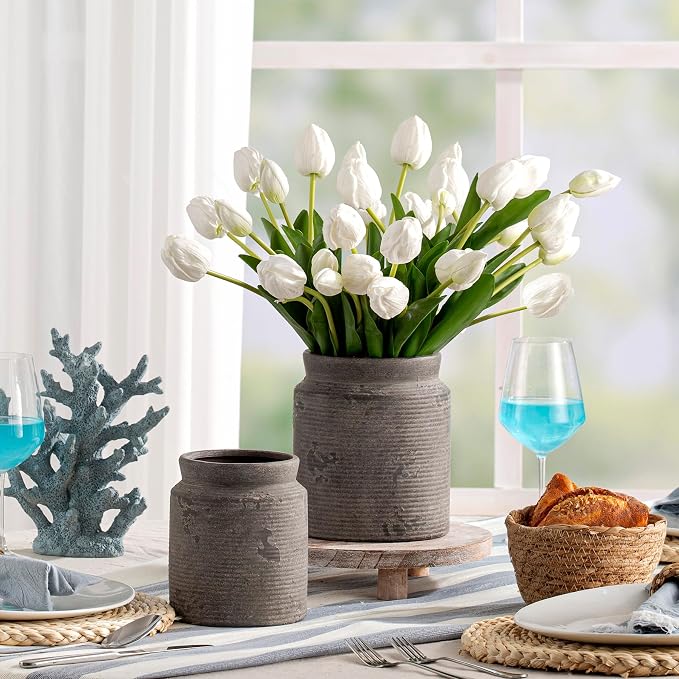 Ceramic Flower Vase 7.5 inch Farmhouse Rustic Vase for Home Decor Handcrafted Pottery Terracotta Vases for Dining Table Decor Fireplace Living Room Bathroom Wedding Centerpiece (M-Dark Gray)