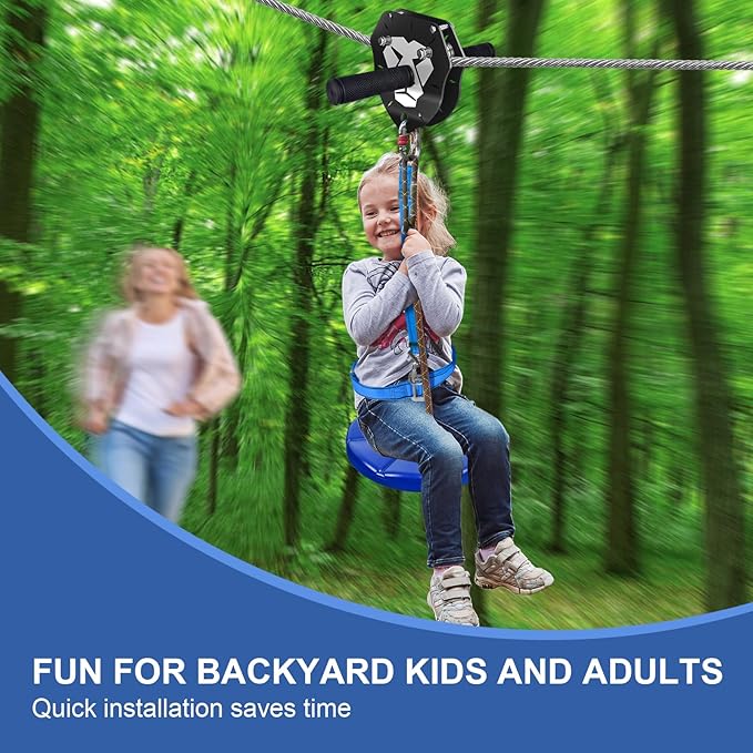 110FT Zip Line Kit for Kids & Adults, Up to 360 lbs - Updated Removable Trolley, Thickened Seat, Safety Harness, Spring Brake - Backyard Outdoor Zipline with Tree Climbers, Christmas Birthday Gift