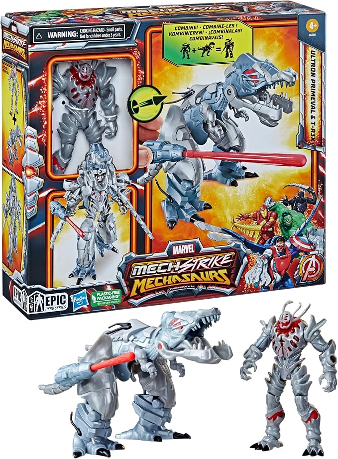 Marvel Mech Strike Mechasaurs, 4.5-Inch Ultron Primeval with T-R3X Mechasaur Action Figures, Super Hero Toys for Kids Ages 4 and Up
