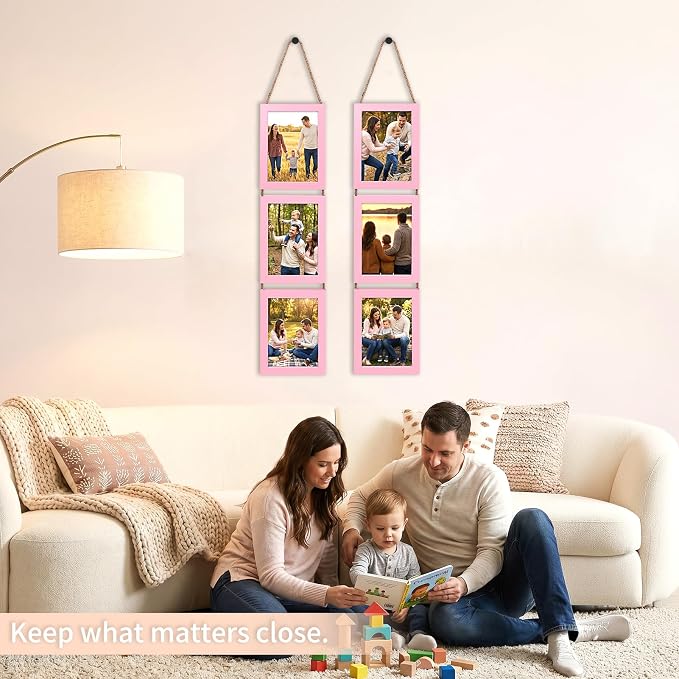 QUTREY 5x7 Picture Frames Collage Pink, 6 Openings Hanging Photo Frame Set Display Vertical 5 by 7 inch Pictures for Wall Decor, 2 Pack