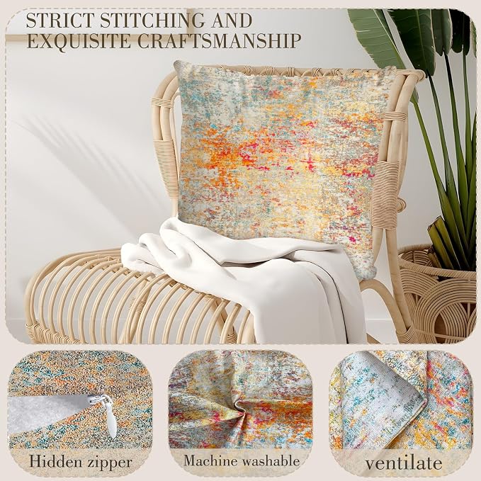 Boho Floral Throw Pillow Covers 16x16 inch Set of 2,Cream Boho Rug Geometric Floral Pattern Decor Double Sided Pattern Cushion Cover Soft Pillow Case Living Sofa Room Bed Square Pillow Cover