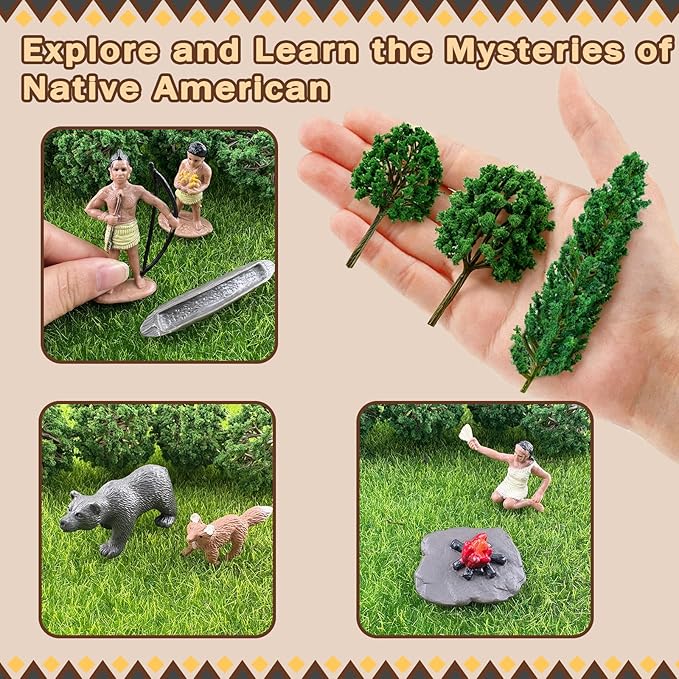 Native American Figurines Set Miniture Indian Figure Toys Indian Figurines for Kids Powhatan Indians Figures Playset Includes Camp Fire Deer Bear Fox Trees for Birthday Diorama School Projects 32 Pcs