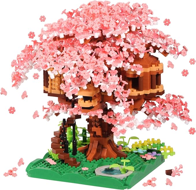 Cherry Blossom Tree Building Block Set Gift for Adults Girls Boys 14+, Cherry Bonsia Treehouse Micro Building Blocks, Japanese Sakura Flowers House 2028PCS
