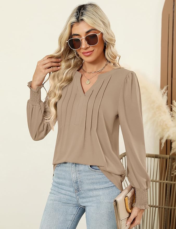 LOMON Womens Tops Dressy Casual Pleated Ruffle Long Sleeve Tunics Tops to Wear with Leggings V Neck Work Blouse