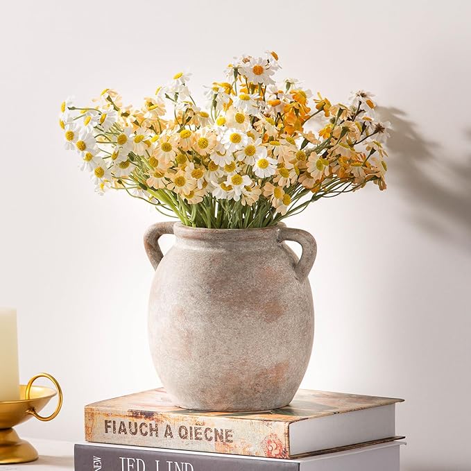 Dobbyby Ceramic Flower Small Vase 6 inch Farmhouse Rustic Vase Decorative Pottery Terracotta Vases for Home Decor Table Mantle Fireplace Living Room Bathroom Wedding Centerpiece