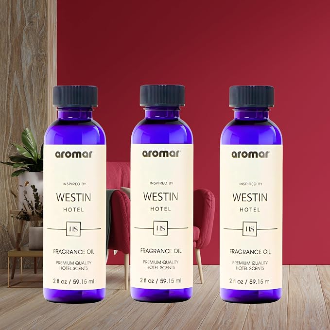 AROMAR Premium Fragrance Oil, Pack of 3 Westin Hotel 2oz. Bottles. Long Lasting Aromatic Scent, Fresh and Revitalizing Aromatherapy for Living Room, Bedroom, and Kitchen