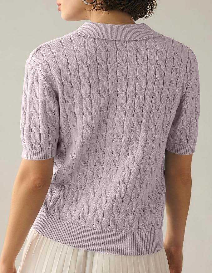 Imily Bela Womens Cable Short Sleeve Sweaters Tops Lapel V Neck Knit Shirt | Solid,Knit Casual,Soft Pullover,Fall Sweaters,Womens Summer Work Tops