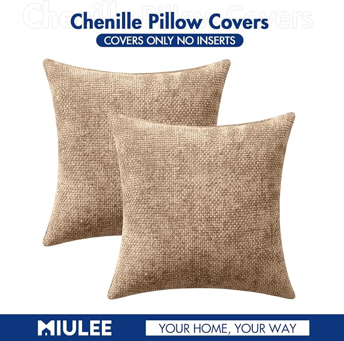 MIULEE Decorative Couch Throw Pillow Covers 20x20 Inch Khaki Camel 2 Pack | Modern Boho Accent, Soft Chenille Pillow Covers, Farmhouse Cushion Cases for Home Decor Bed Sofa Living Room
