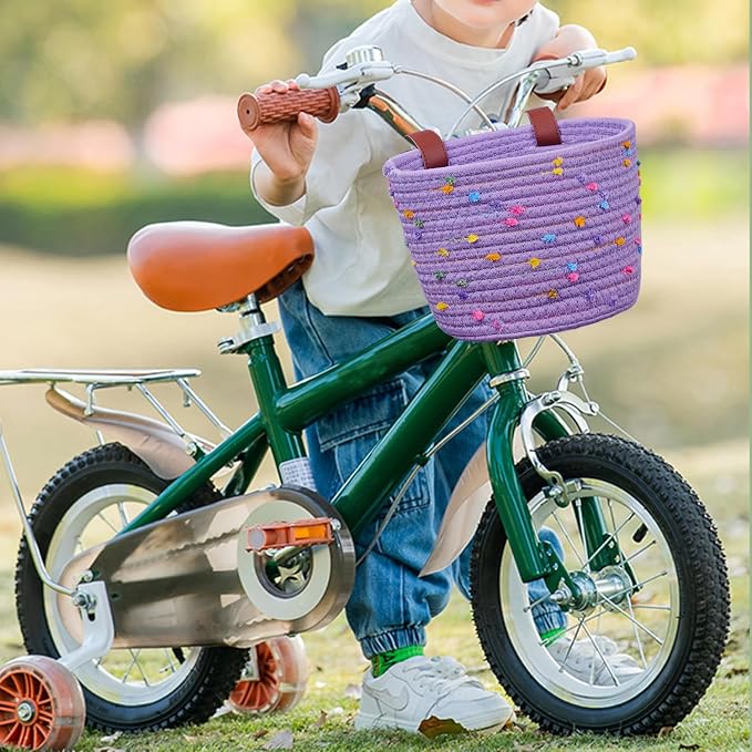 Kids Bike Basket for Boys and Girls, Children's Bicycle Basket Woven With Sisal Rope, Cute Decorative Accessories for Balance Bikes and Scooters