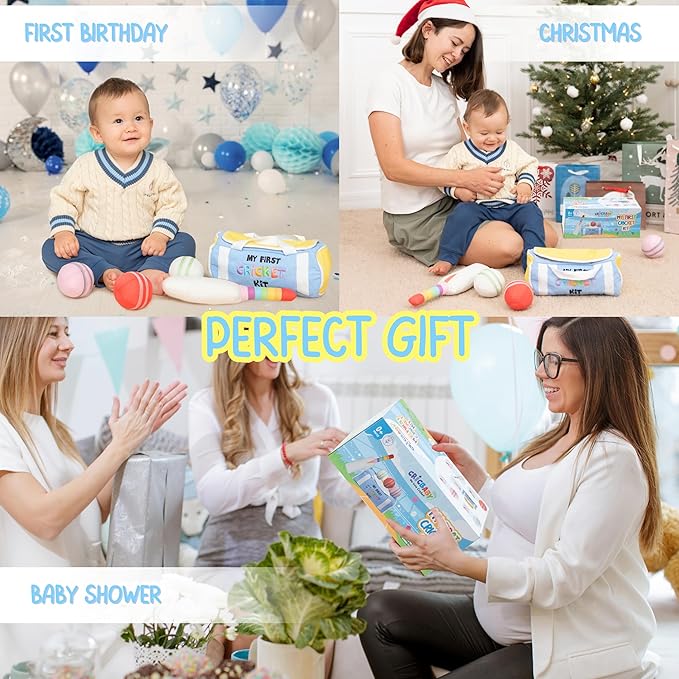 My First Cricket Kit | Cotton Soft Plush Toy | Gift Baby and Infant 0+ Months | 3 Soft Sensory Cricket Balls – Rattle, Crinkle, Squeaker & 1 Rainbow Rattle Cricket Bat | Safe, Fun, Educational