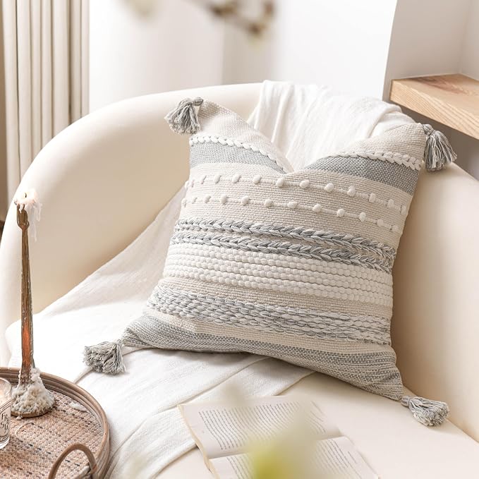 Gray Boho Decorative Throw Pillow Cover 20x20 Square Farmhouse Accent Cushion for Couch Sofa Livingroom Bedroom Pillowcase Modern Home Décor (Pack of 1)