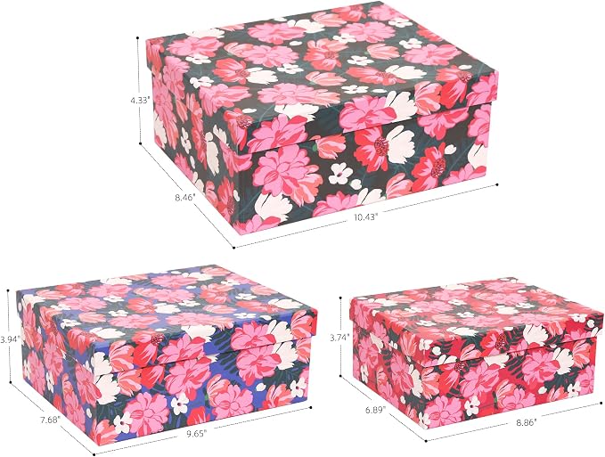 3-Piece Decorative Storage Boxes with Lids, Vibrant Pink and White Flower, Paperboard Keepsake box Set, Photo Storage Box for Memory, Home Decor, Knick-knacks Organizer, Shelf Decor