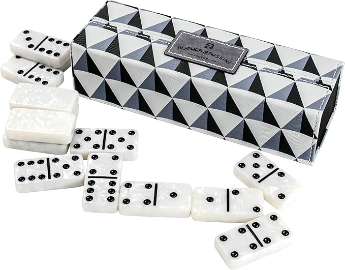 Dominos Set for Adults, Double 6 Domino Set, 28 Jumbo Marbleized White Tiles, Dominoes Set for Adults and Kids - Classic Board Games for Family & Travel (in Rhomb Pattern Leather Case)