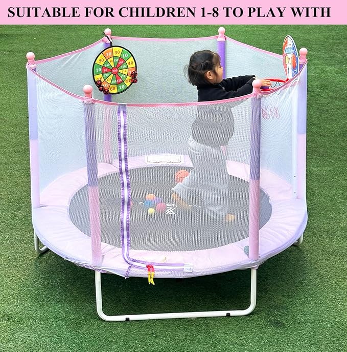60" Trampoline for Kids, 5ft Toddler Mini 6-in-1 Trampoline Indoor Outdoor with Swing, Basketball Hoop, Dart Board, Rings, Christmas Toys Birthday Gifts for Girls Boys