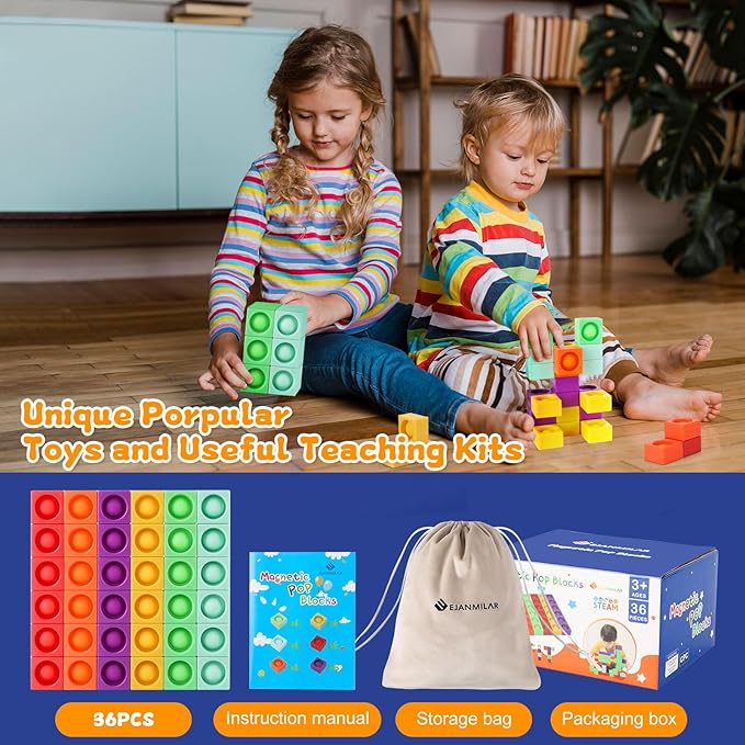 Unique Magnetic Blocks, 36 Pcs Silicone Pop Building Blocks Fidget Toy, 1.38 Large Strong Magnetic Cubes, Preschool STEM Sensory Montessori Toys for Kids Toddlers Ages 3 4 5 6 7 8
