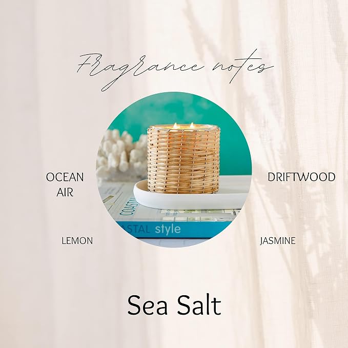 Sea Salt Scented Candle – Luxury 12oz Soy Wax, 2-Wick Handwoven Glass Jar, Blend of California Lemon, Water Lily, White Jasmine, Driftwood & Rosewater -75+ Hour Clean Burn, USA Made