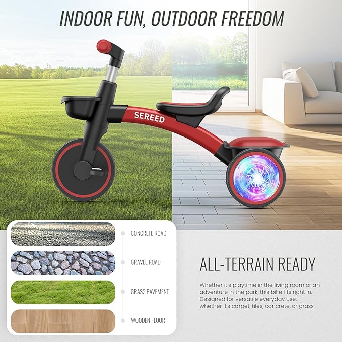 SEREED Colorful Lighting Toddler Tricycle for 2-5 Years Old Boys Girls, Adjustable Seat&Handlebar Trike, Removable Basket, Birthday Gift Idea for Kids Ages 2+ (Red Black)
